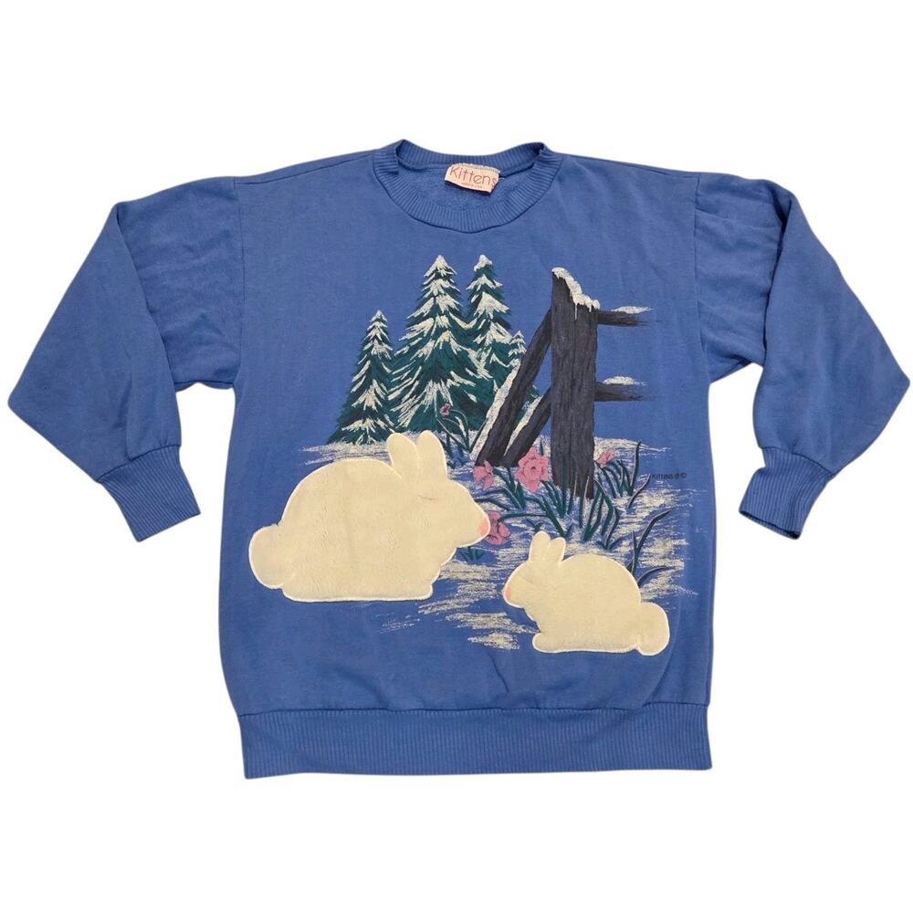 Vtg Kittens Brand Sweatshirt Bunnies Soft Fluffy 3D Blue USA Nature Women Medium